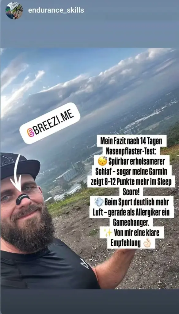 Instagram Story von endurance_skills mit Breezi Nasenpflaster