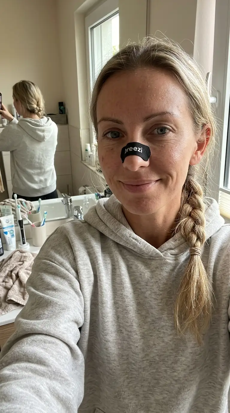 Frau mit Breezi Nasenpflaster zuhause
